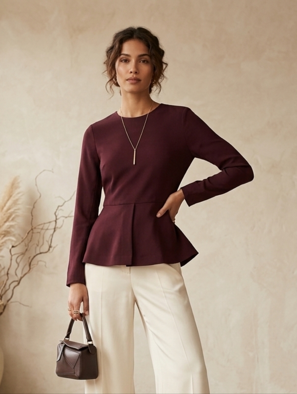Zara Burgundy Peplum Blouse Long Sleeve Boat neck Minimalist Office Quiet Luxury